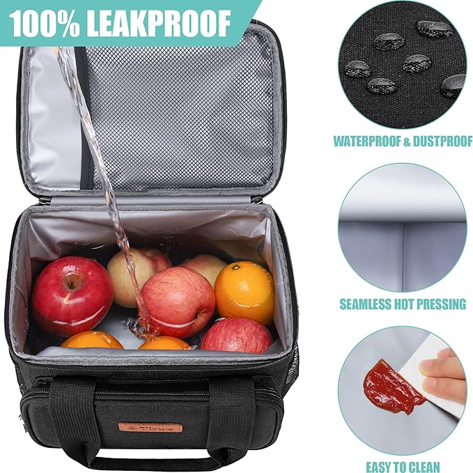 Tiblue Insulated Reusable Lunch Box for Office Work School Picnic Beach, Leakproof Freezable Cooler Bag with Adjustable Shoulder Strap (Medium, Midnight Black)