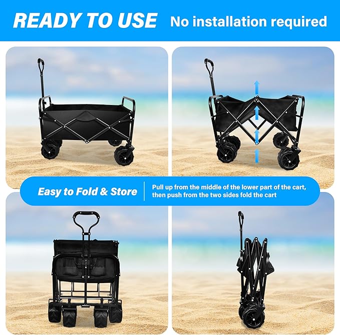 YSSOA Collapsible Folding Wagon Cart, Beach Wagon for Sand with Big Wheels, Heavy Duty Foldable Utility Wagon, Portable Garden Cart with Adjustable Handle, Foldable Grocery Wagon for Camping Sports