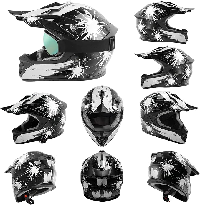TCT-MOTORPARTS DOT Youth Kids Motocross ATV Helmets Offroad Street Dirt Bike Go-Kart BMX MX Full Face Helmet Black w/White Fireworks Large Size