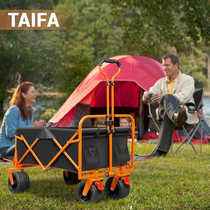 TAIFA Foldable Collapsible Wagons Cart with Extra Long Tailgate, Portable Beach Utility Wagon with Big Wheels and Brakes for Sand Shopping Camping Sports Outdoor, Black and Orange