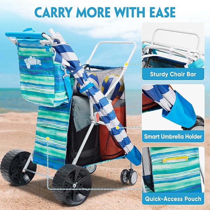 Beach Cart with Big Wheels for Sand, Collapsible All-Terrain Beach Wagon with Cooler Bag & Umbrella Holder, Large Mesh Storage, Supports 100lbs for Camping, Outdoor, Shopping, Blue