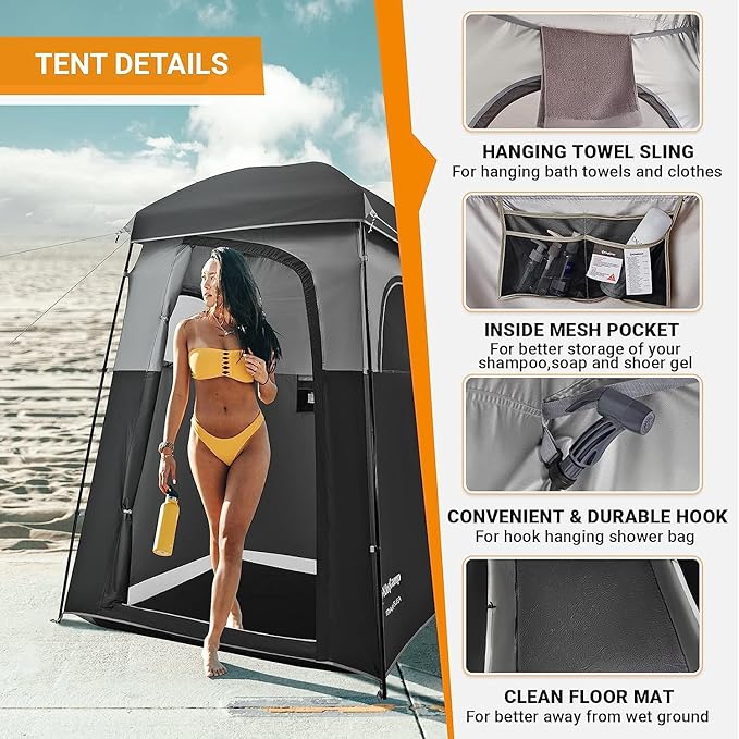 KingCamp Shower Tent, Large Portable 1/2 Room Dressing, Toilet and Changing Tents with Shower Bag & Floor for Camping & Travel