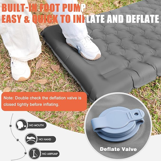 Sleeping Pad, Ultralight Thicken Inflatable Sleeping Pad for Camping, Camping Pad with Carry Bag, Built-in Pillow and Pump (Grey)