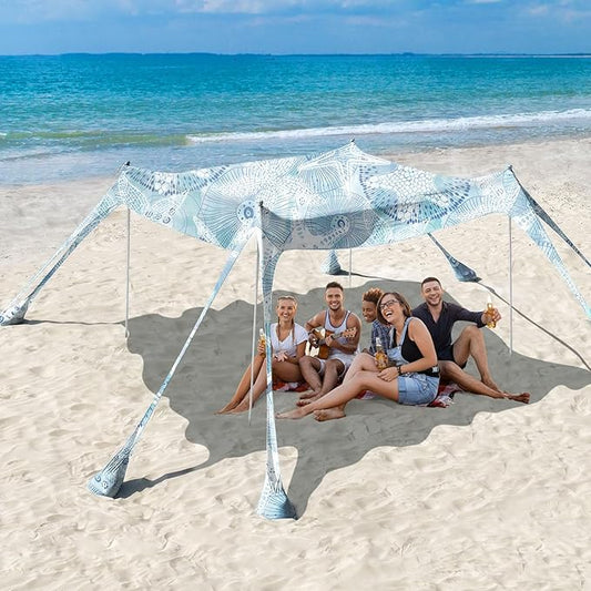 Rhino Valley Beach Tent Sun Shelter, 10x10FT Beach Canopy Tent Sun Shade UPF50+ Protection with 8 Sandbags 4 Stability Poles, Outdoor Beach Shade Canopy 6-8 People for Beach Camping Fishing