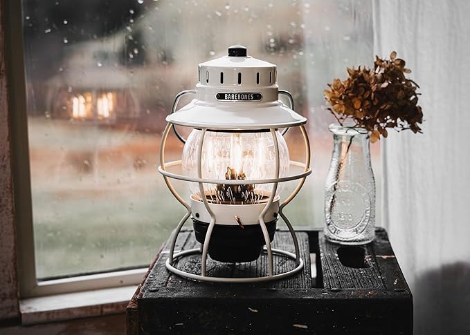 Barebones Railroad Lantern – Vintage White, Vintage-Inspired LED Camping Lantern with Rechargeable Battery – Adjustable Brightness Outdoor Light for Camping Gear, Backyard, and Home Decor