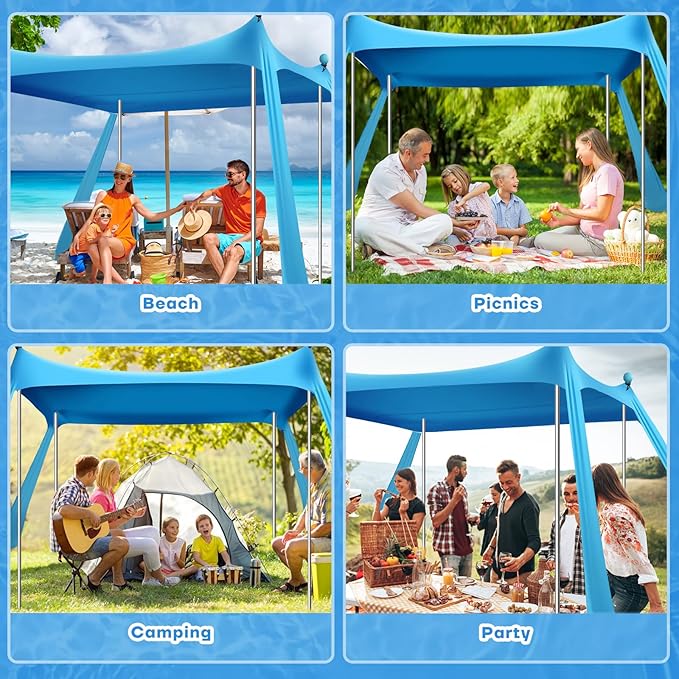 Beach Tent Canopy UPF50+ Protection, 10x10FT Beach Shade Sun Shelter Pop Up with 4 Stability Poles, Sandbags, Sand Shovels, Ground Pegs, Carrying Bag for Outdoor Family Camping Fishing Picnics