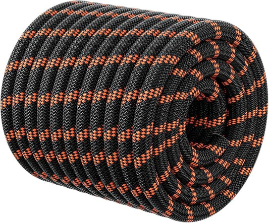 Double Braided Arborist Rigging Rope - 1/2 in X 100 ft 48 Strands Outdoor Pulling Heavy Duty Polyester Bull Rope for Swing Tree Work Camping Rescue Hiking - Black