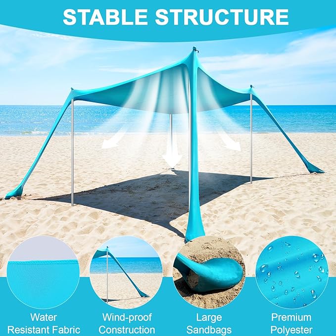 Beach Tent - 10 x 10 FT Beach Canopy, Portable Beach Tent Sun Shelter UPF50 with 4 Sandbags, Stability Poles Ground Pegs and Anti-Wind Ropes, Outdoor Beach Shade Canopy for Camping, Light Blue