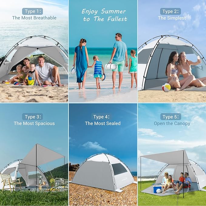 Elegear Beach Tent Sun Shelter with Canopy, 4-5 Person Pop Up Beach Tent, Easy Setup UPF 50+ UV Protection Portable Lightweight Double Silver Coating Cabana Sun Shade Shelter - Silver