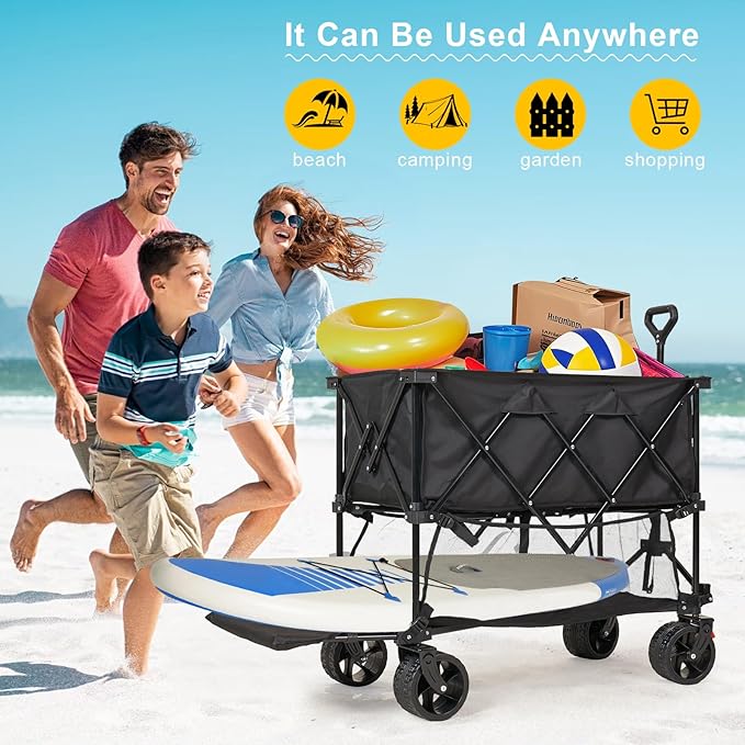 Heavy Duty Collapsible Beach Wagon Cart - 600LBS Capacity Pro-Grade Folding Utility Cart with Extra-Wide All-Terrain Wheels, Locking Brakes Wagon for Camping, Stadium Gear, Beach Transport, Groceries