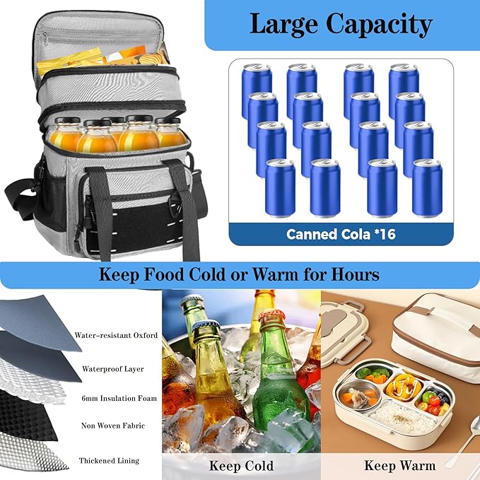 Lunch Box Cooler Bag - Tactical Insulated Lunchbox for Men - Large Lunch Pail Kit for Adults Work Outdoor Shifts Trips Grey 16L