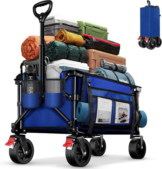BELEEV Collapsible Wagon Cart, Heavy Duty Foldable Utility Cart with 6" All-Terrain Big Wheels, 130L Large Capacity, Side Pocket & Drink Holders for Beach Grocery Garden Camping Sports Shopping (Blue)