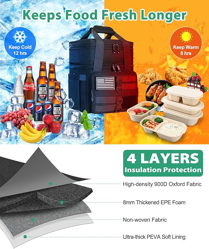 Tactical Lunch Box for Men, Large Insulated Lunch Bag Adult, Heavy Duty Double Deck Expandable Lunch Cooler Bag Leakproof Waterproof Lunch Tote for Work Office Camping Travel - Black