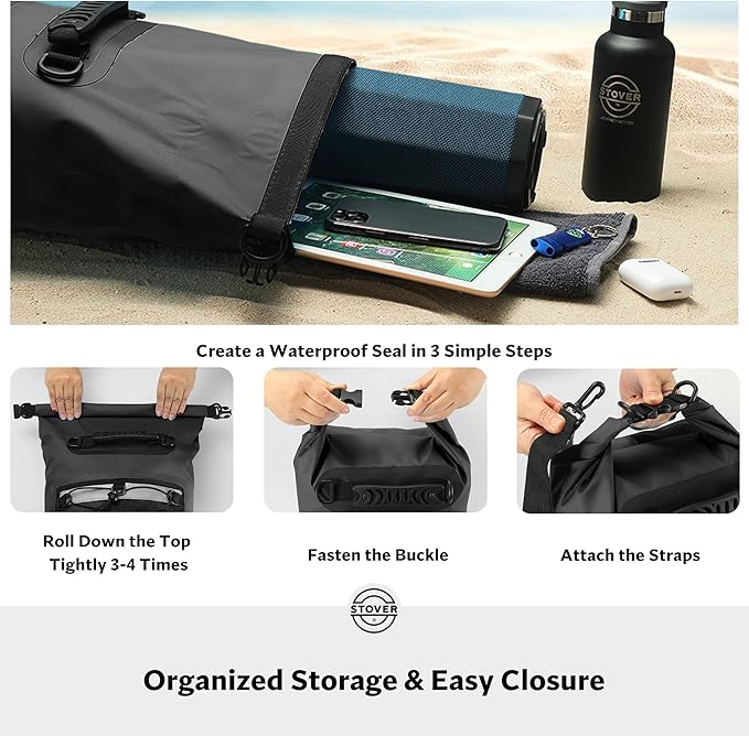 STOVER 5/10/25/30/40/55L Waterproof Dry Backpack & Phone Case- Medium Floating Dry Bag for Kayaking, Travel, Hiking, Fishing, Camping, Motorcycles & Beach, Heavy-Duty Roll Top Men/Women (Black)