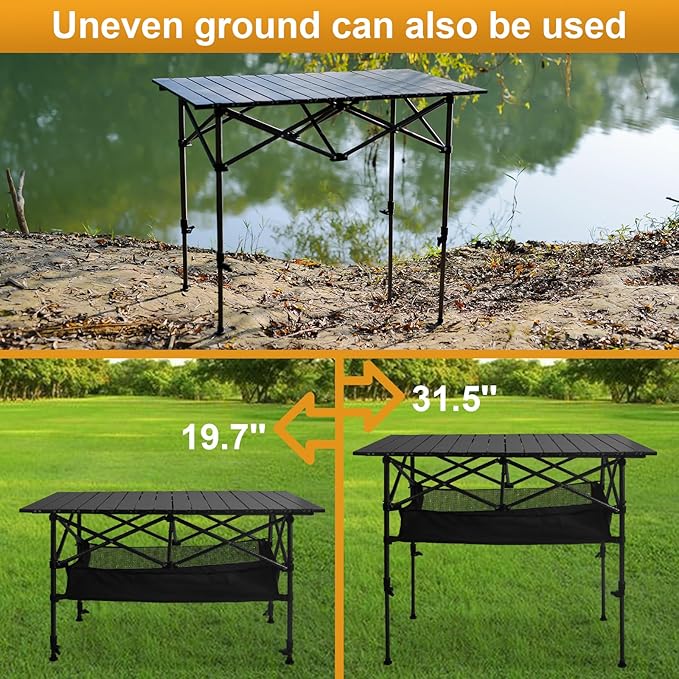Folding Camping Table, Outdoor Roll-up Table Height Adjustable & Portable Metal Camp Grill Table for Picnic, BBQ, Party, Backyard, Beach, Mesh Storage and Carry Bag (Ash Black, 47.24'' X-Large)