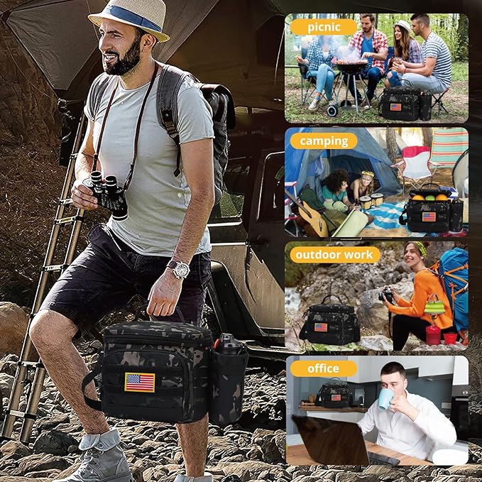 Tactical Lunch Box for Men, Insulated Lunch Bag MOLLE Webbing Leakproof, Cooler Large Lunchbox Women with Adjustable Shoulder Strap Durable, Construction Heavy Duty Lunch Pail, Black Camo