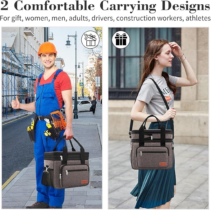 23L Extra Large Expandable Insulated Cooler Lunch Box for Men Double Deck Leakproof Heavy Duty Lunch Bag with 4 Ice Packs&2 Snack Bags for Adult/Construction/Women/Work/Picnic/Camping - Brown
