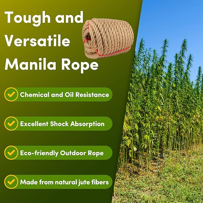 Manila Rope1-1/4in x 50ft,Natural Hemp Thick Rope,Large Decorative Nautical Rope,Twisted Manila Ropes Great for Gardening,Railings,Hammock