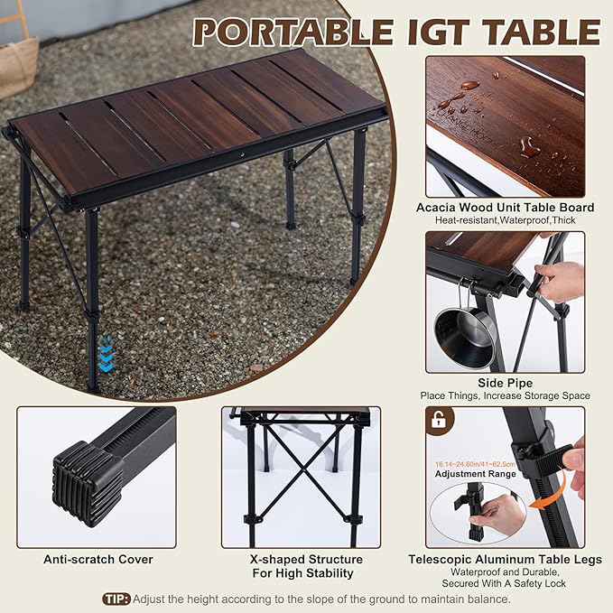 CHANGE MOORE Portable IGT Camping Table Acacia Wood Tabletop, 16.14-26.4inch Height-Adjustable Aluminum Table Leg, X-Shaped Structural Support, 3 Side Pipes Outdoor Table with Carrying Zipper Bag
