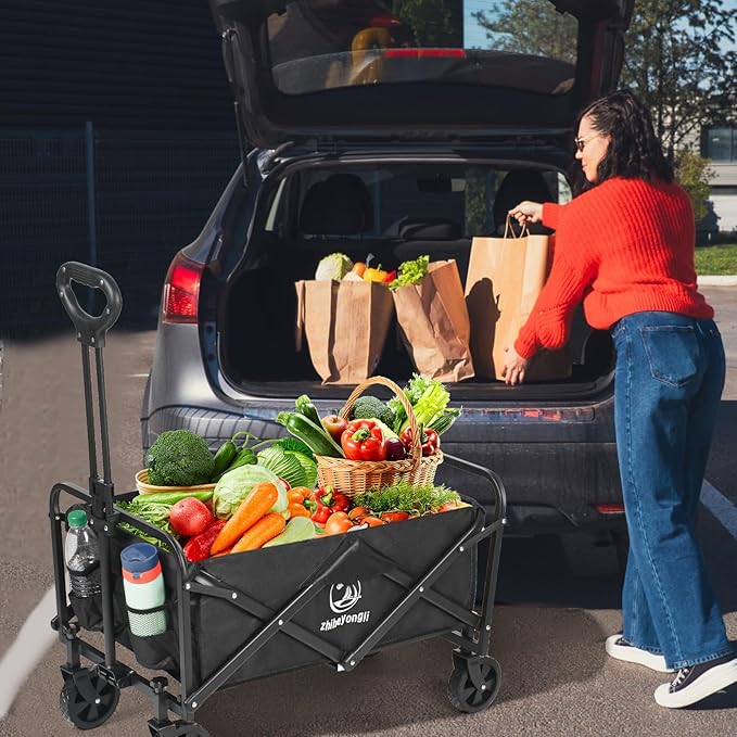 Folding Wagon Cart, Portable Large Capacity Beach，Heavy Duty Utility Collapsible with All-Terrain Wheels，Cart Foldable Wagon for Camping,Shopping,Beach, Garden (Black)