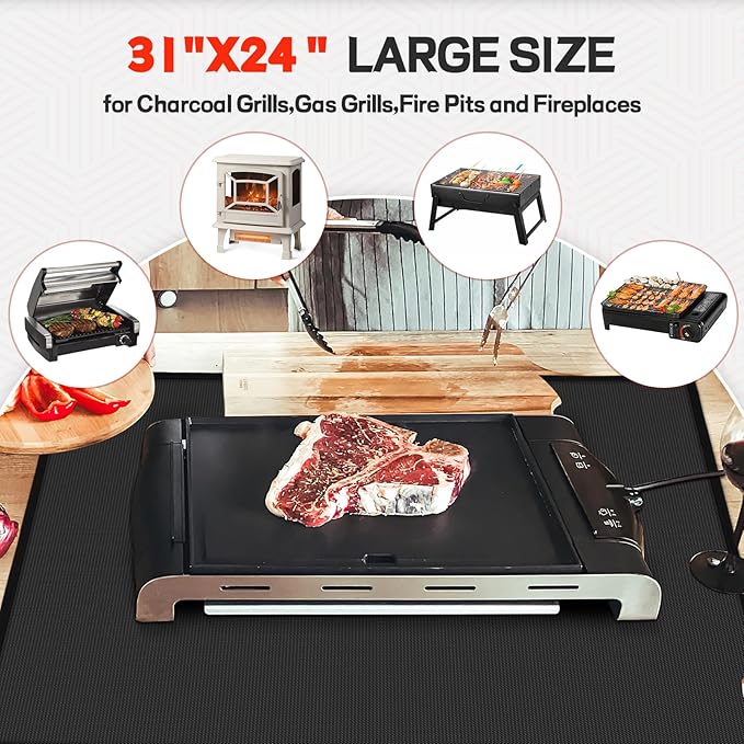 24 x 31in Fireproof-Grill Mats for Outdoor Tabletop Grill to Protect Your Grill Table-Fireproof-BBQ Barbecue Mat Heat Resistant Grill Table Mat-Waterproof & Oilproof BBQ Mat-Black (0.6mm)