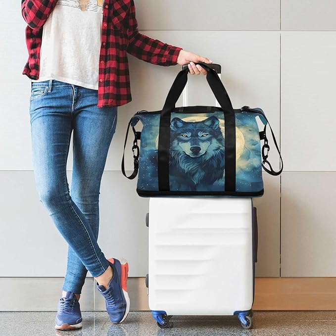 Wolf Moon Night Travel Duffel Bag Waterproof Gym Sport Tote Bag Carry On Weekender Bag with Compartment