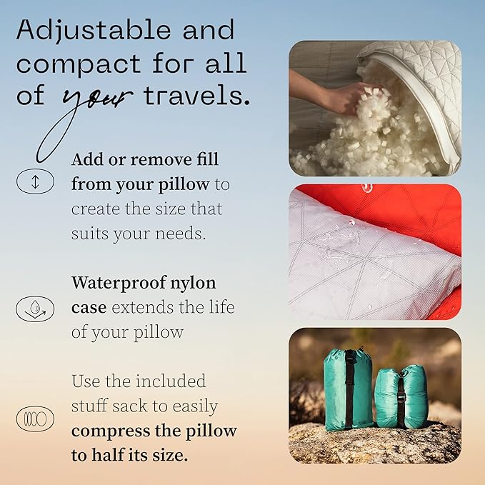 Coop Home Goods Original Adjustable Travel Pillow and Waterproof Pillow Protector Red Bundle with Compressible Stuff Sack, Medium-Firm Memory Foam and Washable Cover, CertiPUR-US Certified (19x13)