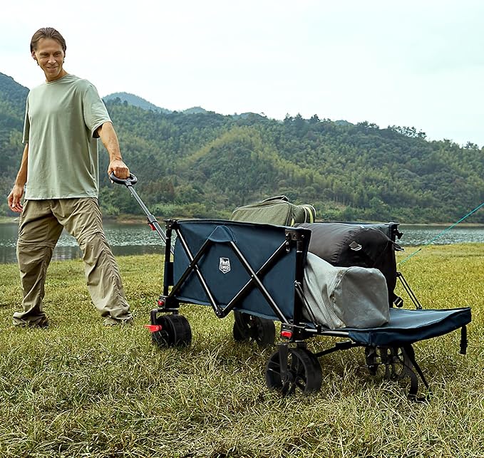 TIMBER RIDGE 47" L Collapsible Wagon with Tailgate & Brake, 300lbs Heavy Duty Beach Wagon with All-Terrain Big Wheels, 250L Foldable Utility Cart for Sand Camping Sports Shopping, Blue