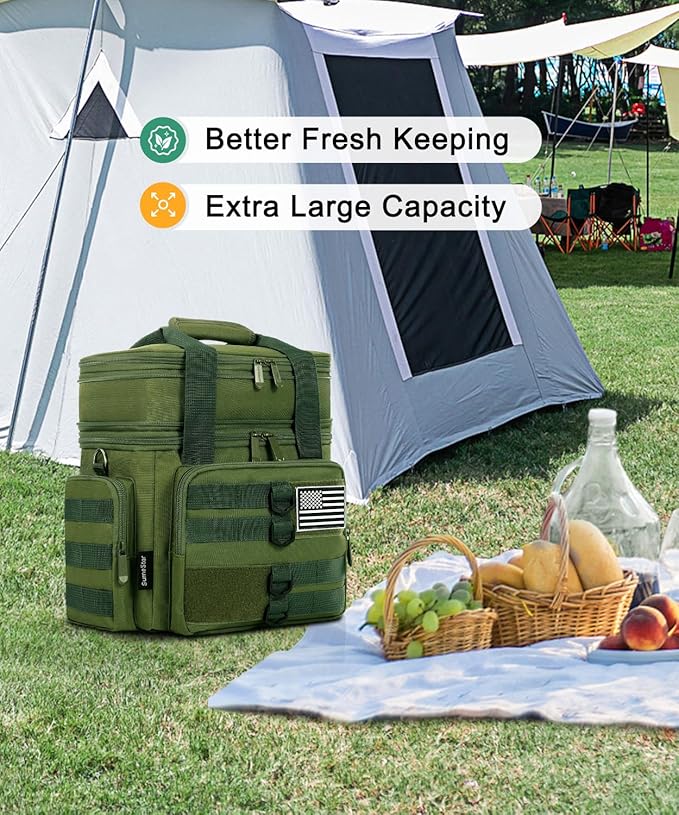 Tactical Lunch Box for Men, Large Insulated Bag Adult, Heavy Duty Double Deck Expandable Cooler Leakproof Waterproof Tote Work Office Camping Travel - Green, LB-KH0606