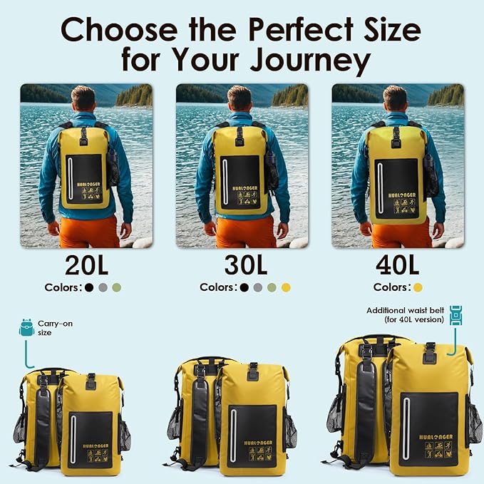 Waterproof Backpack 20L/30L/40L- Roll Top Closure Bag - Hiking Backpack - Lightweight Durable Floating Dry Bag with IPX8 Waterproof Phone Case