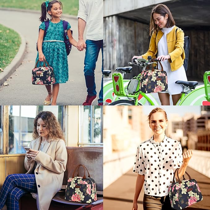 LOKASS Lunch Bag Women Insulated Lunch Box Water-resistant Lunch Tote Thermal Lunch Cooler Soft Liner Lunch Bags for Lady Adults Work/Picnic/Beach/Fishing (Peony)