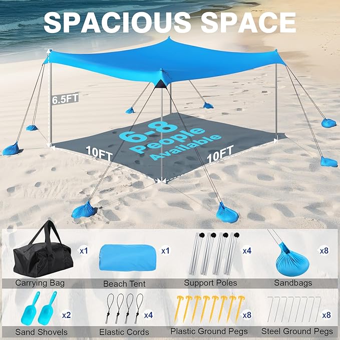 Rhino Valley Beach Tent Sun Shelter, 10x10FT Beach Canopy Tent Sun Shade UPF50+ Protection with 8 Sandbags 4 Stability Poles, Outdoor Beach Shade Canopy 6-8 People for Beach Camping Fishing