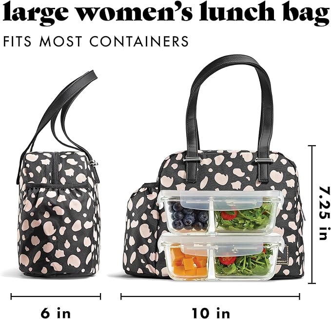 Fit & Fresh Lunch Bag For Women, Insulated Womens Lunch Bag For Work, Leakproof & Stain-Resistant Large Lunch Box For Women With Bottle Pocket, Long Straps, Zipper Closure Laketown Bag Black Cheetah
