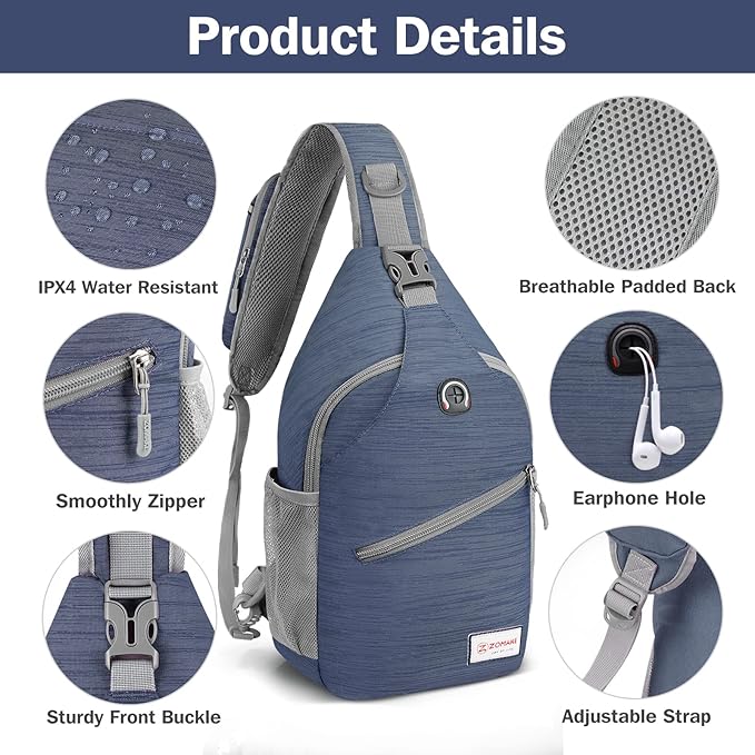 ZOMAKE Sling Bag for Women Men, Small Crossbody Sling Backpack, Mini Water Resistant Shoulder Daypack for Travel, Anti Thief Chest Bag for Hiking, Sports, Navy Blue(Stripe)