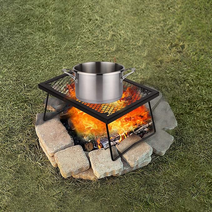 Folding Campfire Grill Grate, Portable Heavy Duty Steel Over Fire Camp Grill for Outdoor Camping Cooking Fire Pit, Black