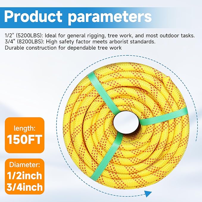Rigging Rope 3/4in x 150 Ft Double Braided Polyester Rope Polyester Braided Arborist 48 Strands for Various Outdoor Applications Construction Climbing Swing Sailing (Yellow, 3/4X150FT)