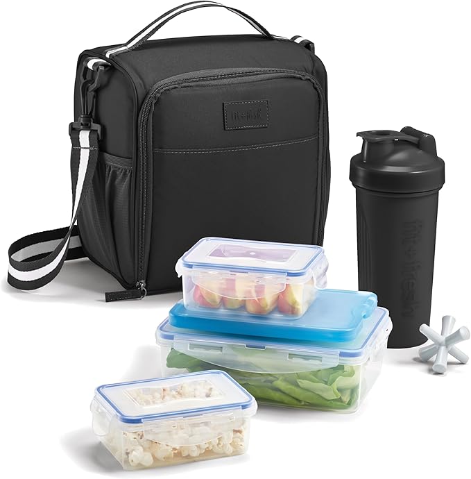 Fit & Fresh BREE FitPak Meal Prep Lunch Box With Containers, Ice Pack, and Shaker Bottle For Men and Women, 6pc. Meal Prep Kit Lunch Bag With Containers Included, Black