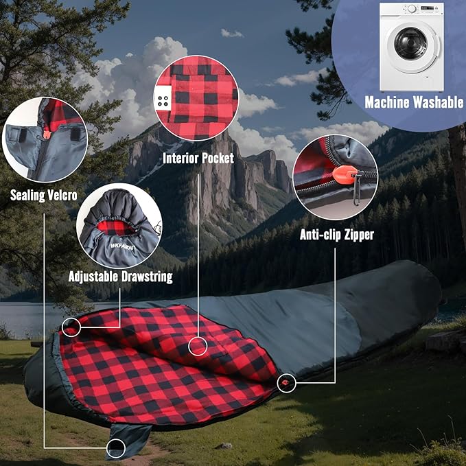 Cold Weather Mummy Sleeping Bag Flannel 0 Degree Winter Sleeping Bag Machine Washable Heavy Duty for Adults,Teenager with Compression Sack 4 Seasons for Camping Hiking Traveling