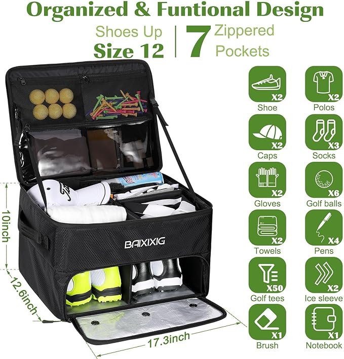 Golf Trunk Organizer, 2 Layer Waterproof Car Golf Locker with Separate Ventilated Compartment for 2 Pair Shoes, Golf Trunk Storage for Golf Accessories, Golf Gifts for Men