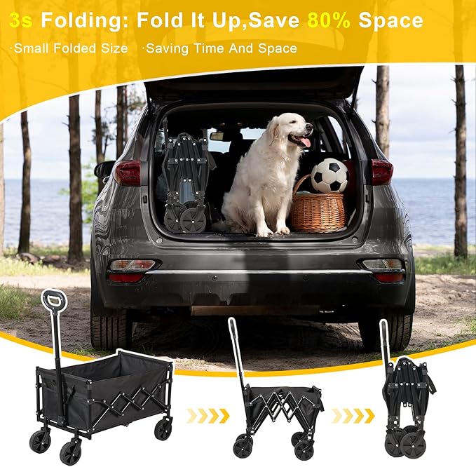 Heavy Duty Collapsible Wagon Cart, 360LBS 100L Foldable Utility Cart with Durable Wheels & Adjustable Handle, Portable Folding Wagon for Groceries, Camping, Sports, Beach, Garden, Shopping