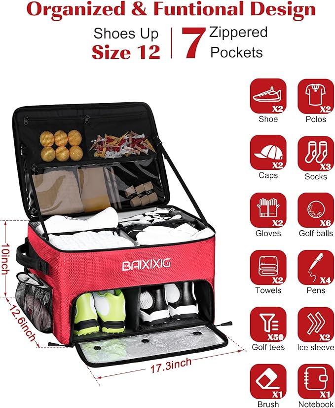 Golf Trunk Organizer, 2 Layer Waterproof Car Golf Locker with Separate Ventilated Compartment for 2 Pair Shoes, Golf Trunk Storage for Golf Accessories, Golf Gifts for Men