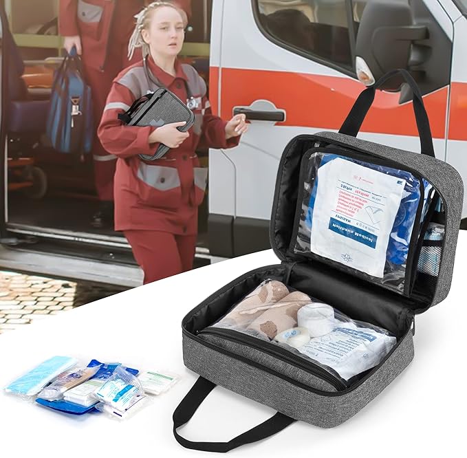 CURMIO Small First Aid Bag, Empty Emergency Trauma Kit Organizer Bag for Hiking, Camping, Car, Travel, Home and Outdoor, Gray, BAG ONLY, Patent Pending