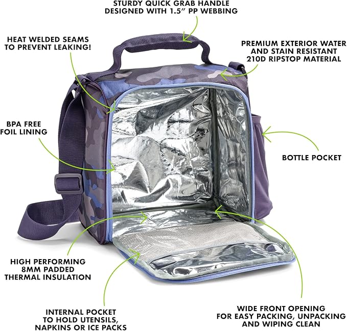 Fit & Fresh JAXX Meal Prep Lunch Box With Container For Men and Women, 5pc. Meal Prep Kit Lunch Bag With Containers Included, Camo Plum