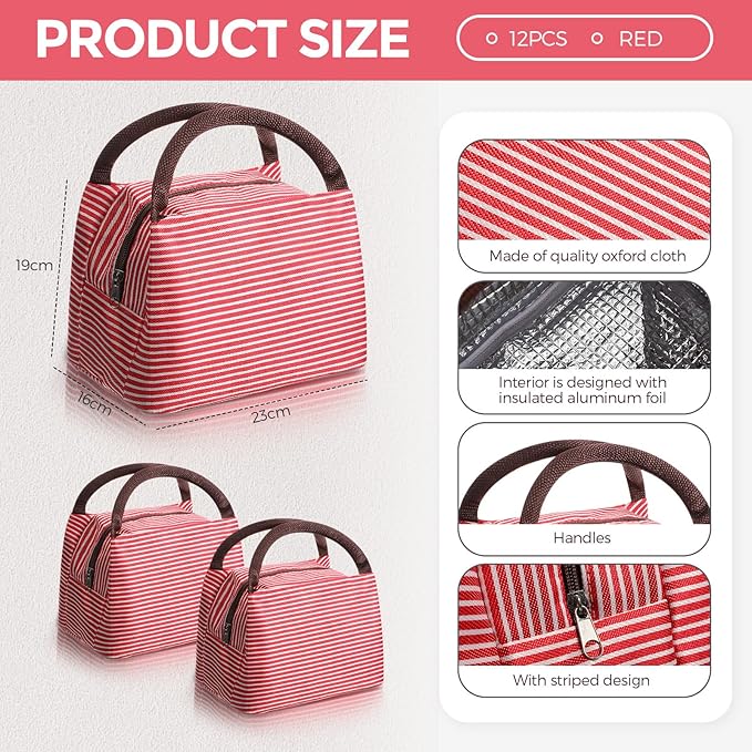 Nuogo 12 Pieces Insulated Lunch Bag Reusable Box Thermal Lunch Leakproof Tote Bag for Women Men Office Work Picnic Beach Fishing (Red)
