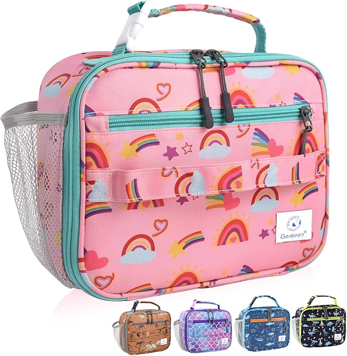 Genteen Lunch Box Kids, Prints Insulated Lunch Bag Kids Boys Girls,Soft Bag Mini Cooler Back to School Thermal Meal Tote Kit Lunch Box for School,Work,Outdoor (Rainbow)