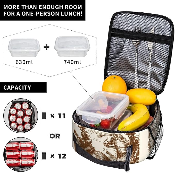 Western Desert Cowboy Vintage Insulated Lunch Bag Reusable Cooler Lunch Box Portable Leakproof Thermal Container Tote Bags for Girls Boys School Travel