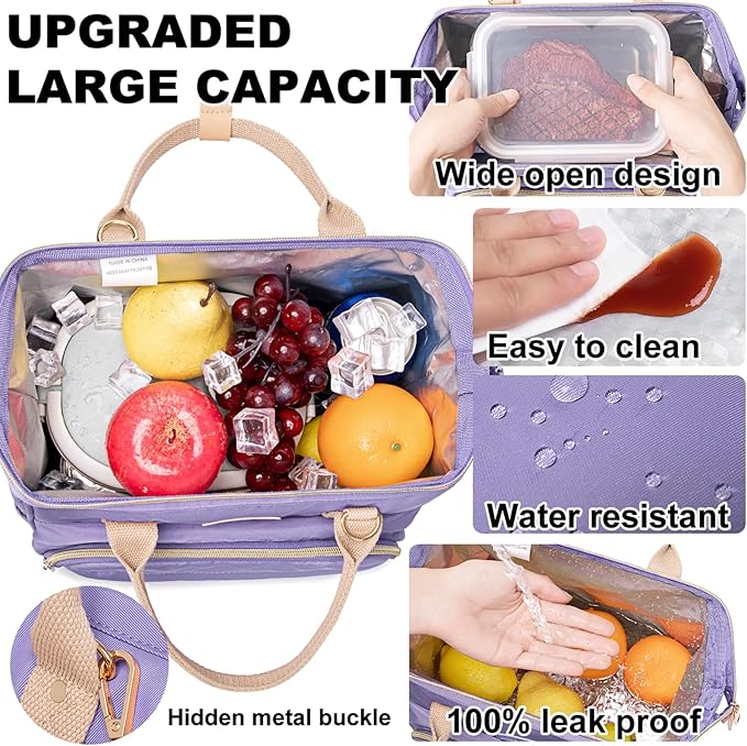 AIJIEKE Lunch Bag for Women, Large Lunch Box for Work Insulated Lunch Bag, Adult Leakproof Lunch Tote Cooler Bag with Side Pockets & Adjustable Strap, Lunch Purse for Picnic Beach, Purple