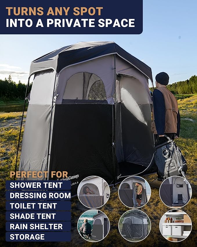KingCamp Camping Shower Tent, Portable Outdoor Privacy Toilet & Changing Tent Windproof & Waterproof Easy Setup 1 or 2 Room Shelter with Shower Bag for Camping Hiking Beach