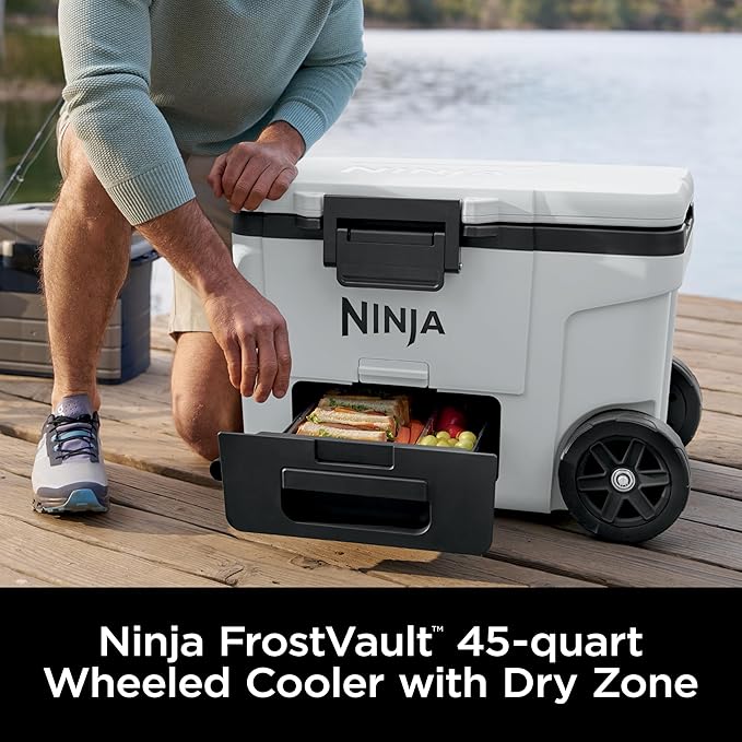 Ninja | Cooler | FrostVault 45QT Cooler with Wheels | Insulated with Temp Dry Storage Drawer | Keeps Ice Cold for Days | for The Beach, Camping, Picnics & More | Cloud White | FB245WH