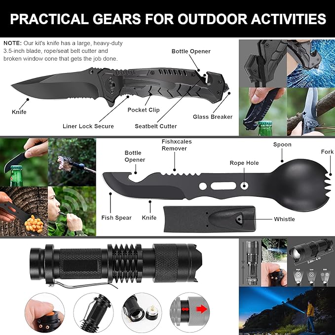 Gifts for Man Dad Husband, 210 PCS Survival First Aid kit, Professional Survival Gear Camping Essentials Emergency Medical Goods for Camping Boat Home Car Disaster Adventure (Black)